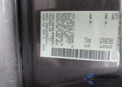 2013 Nissan Altima 2.5 S z USA, uszkodzony, nr VIN 1N4AL3APXDN499042